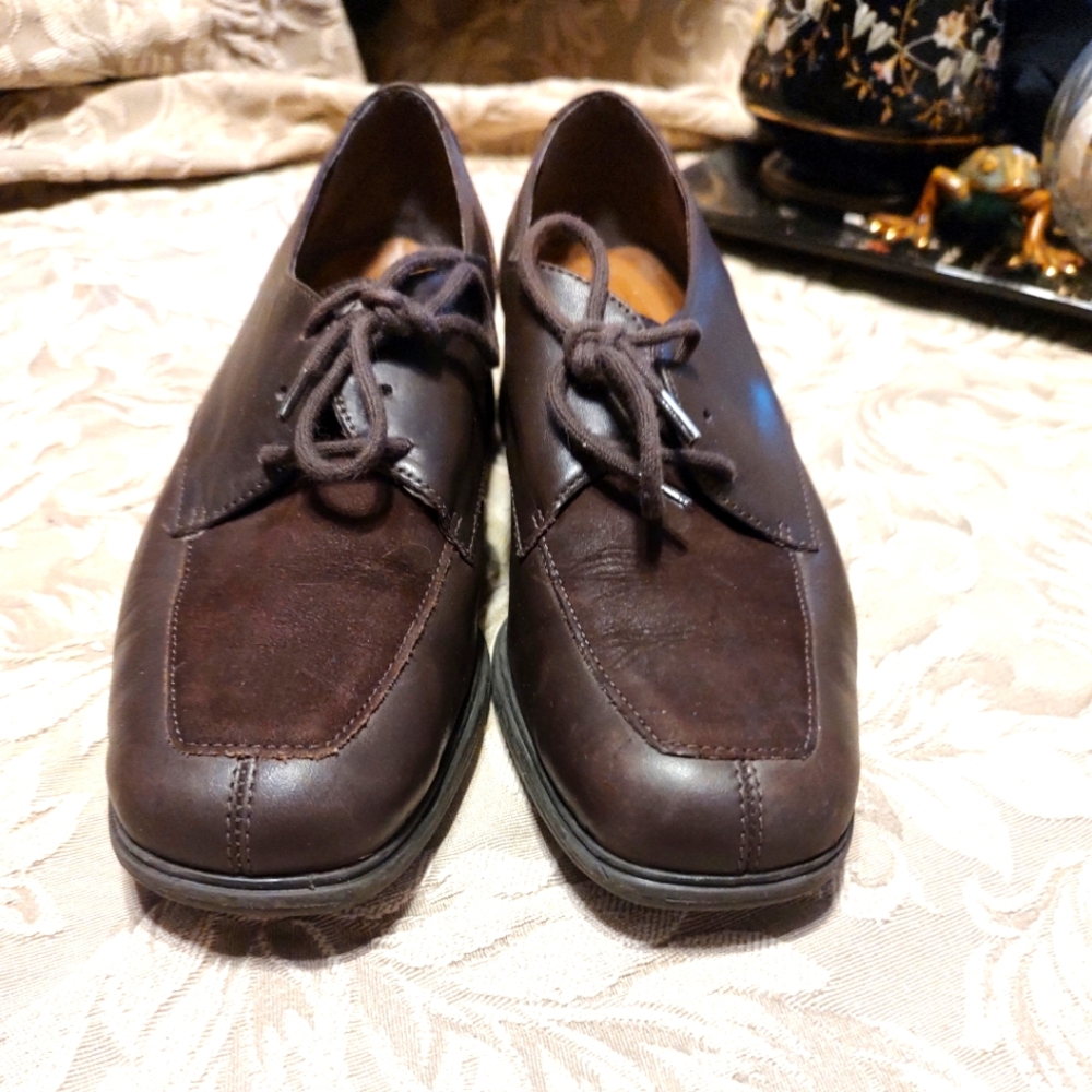 🐿️🍂🐿️Fab Vintage 90s Chocolate Brown Genuine Leather Suede Oxfords - 7.5M - Picture 3 of 10